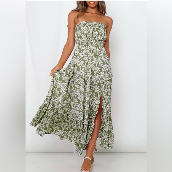 Simplee Apparel Dresses & Skirts - Simplee Olive Green and White Floral Strapless Tiered Maxi Dress with Slit SZ M